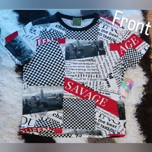 On Fire (Ross), size large, red and checkered New York newspaper print tee.
